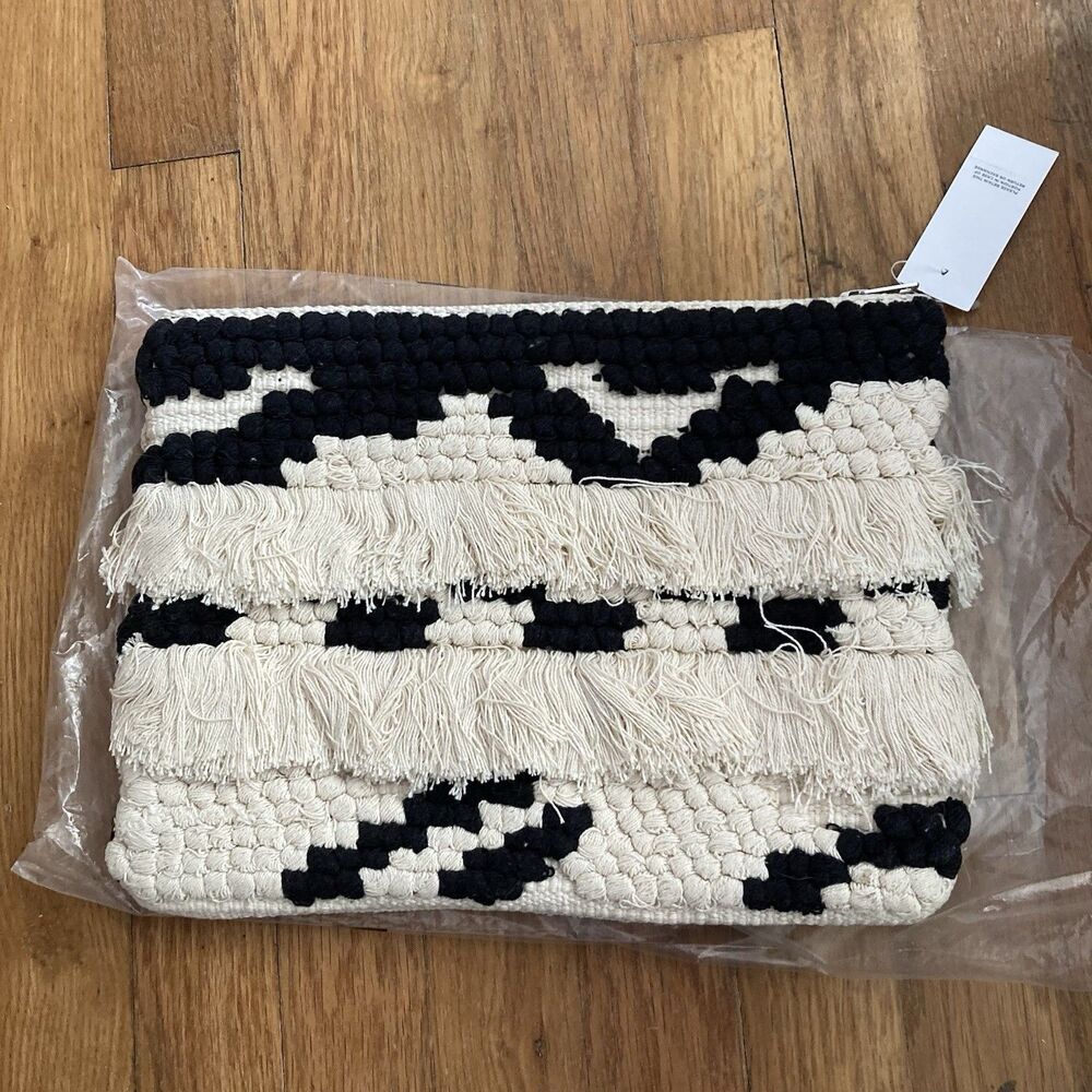 New LOFT Boho Clutch Bag Cotton Fringe Indie Black White Textile